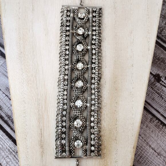 Unknown Jewelry - Vintage-Style Wide Silver/Pewter-Tone Cuff Bracelet with Rhinestones Accents